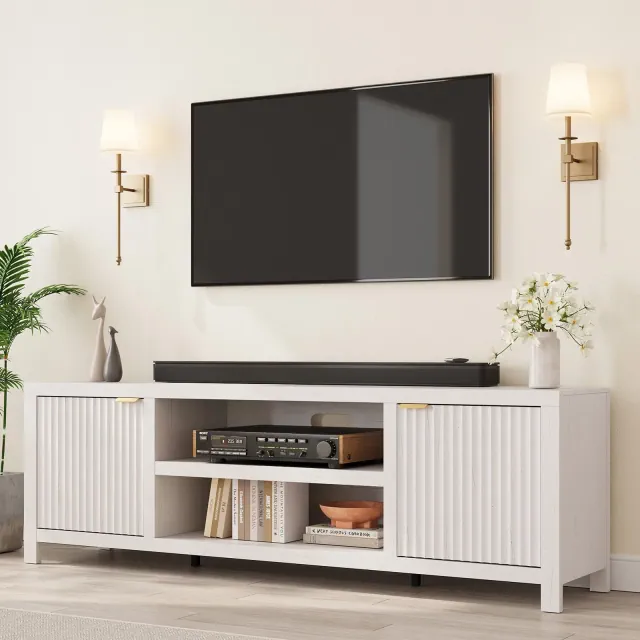 Garvee Fluted TV Stand for 80 Inch, Modern Entertainment Center with Storage, Wooden Media Cabinet with Fluted Door for Living Room, White