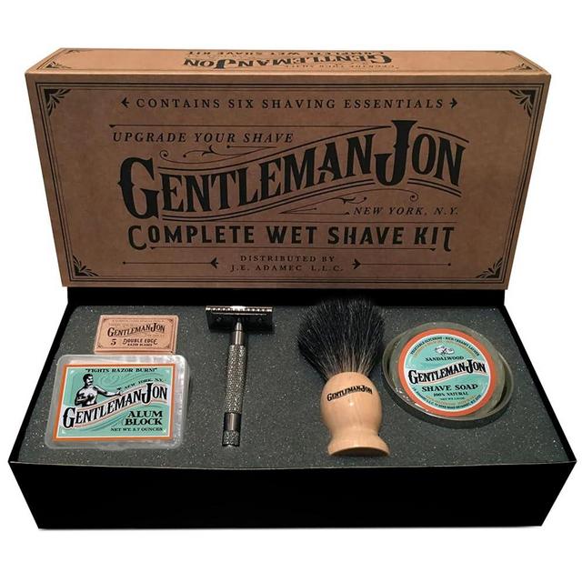 Gentleman Jon Complete Wet Shave Kit | Includes 6 Items: One Safety Razor, One Badger Hair Brush, One Alum Block, One Shave Soap, One Stainless Steel Bowl and Five Razor Blades