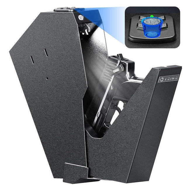 ADIMO Gun Safe for Handgun, Biometric Pistol Safe Fingerprint Quick Access Drop Down Single Mount Gun Safe with Keypad Lock and Key Lock, for Nightstand Wall Mount Bedside Desk Vehicle Bed