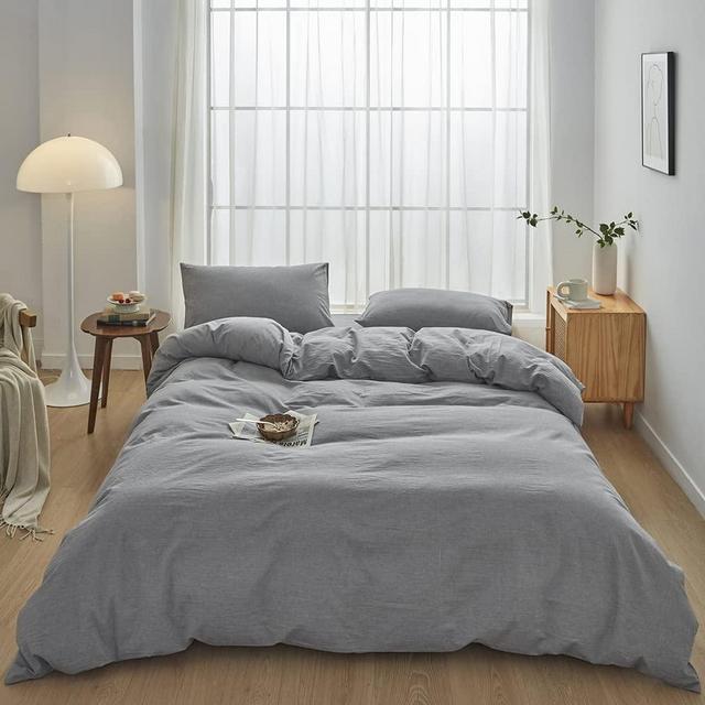 FACE TWO FACE Bedding Duvet Cover Set100% Washed Cotton Duvet Cover Linen Like Textured Breathable Durable Soft Comfy (King, Light Grey)