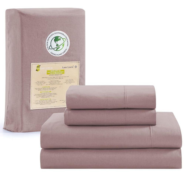 LANE LINEN 100% Organic Cotton California King Sheets Set, 4-Piece Pure Organic Cotton Long Staple Percale Weave Soft Best Bedding Sheets for Bed, Breathable, Fits Mattress Upto 15" Deep - Lilac