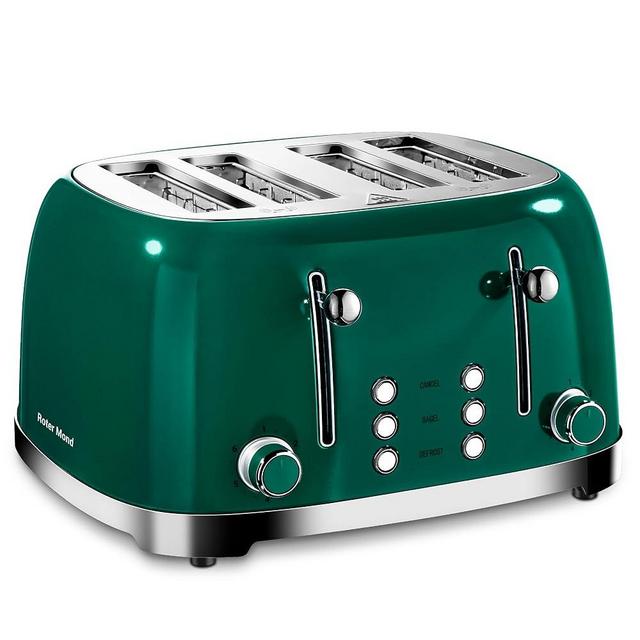 Roter Mond 4 Slice Toaster Retro Stainless Steel Toasters with Bagel Defrost Cancel Function, 6 Browning Settings, Extre Wide Slot, Green