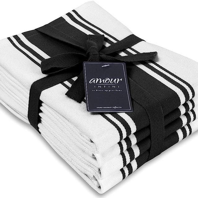 AMOUR INFINI Classic Stripe Kitchen Dish Towels | 4 Pack | 28 x 20 Inch, Over Sized | Multi-use Kitchen Towels |100% Ring Spun Premium Cotton | Highly Absorbent Tea Towels | Black