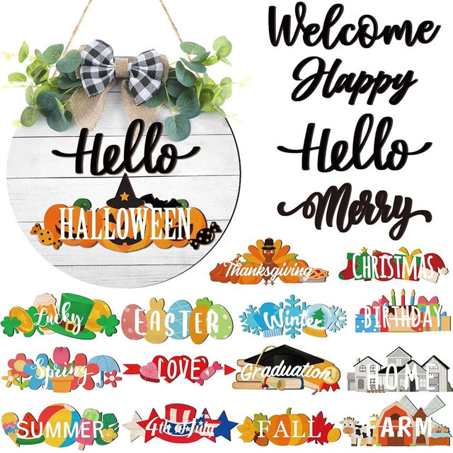 Burbell 20 Pcs Interchangeable Welcome Sign Interchangeable Wooden Seasonal Hello Sign Rustic Round Seasonal Wreaths for Front Door Porch Wall Decor Spring Summer Fall Christmas All Season Decorations