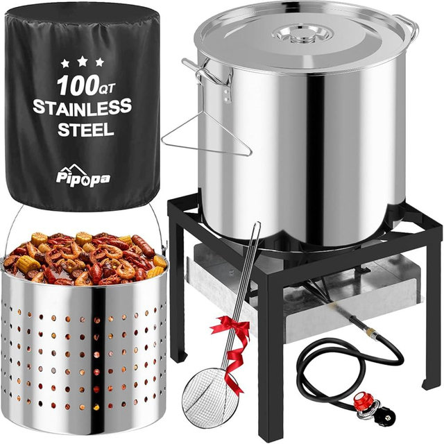 100QT Crawfish Boiler | Stainless Steel Seafood Boil Pot with Basket | Cover & 18" Skimmer Included | 110,000 BTU Propane Jet Burner | 20 PSI CSA Regulator | Outdoor Backyard Cajun Seafood Cooker
