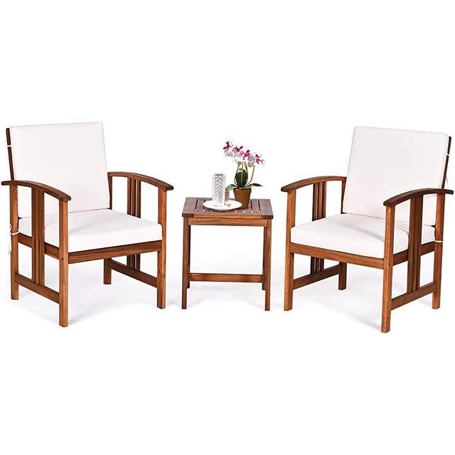 Tangkula 3-Piece Outdoor Acacia Wood Sofa Set w/Cushions, Padded Sectional Conversation Set Furniture Set w/Coffee Table for Garden, Backyard, Poolside, Living Room (White)