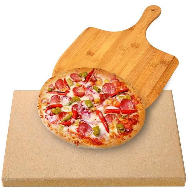 AUGOSTA Pizza Stone for Oven and Grill, Free Wooden Pizza Peel Paddle, Durable and Safe Baking Stone for Grill, Thermal Shock Resistant Cooking Stone, 15 x 12 Inch