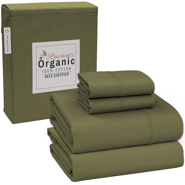 RUVANTI 100% Organic Cotton Sheets - Certified for GOTS - Breathable & Comfortable King Size Sheets Set - Soft & Cooling Percale Bed Sheets - Deep Pocket 15" - 4 Pcs - Olive