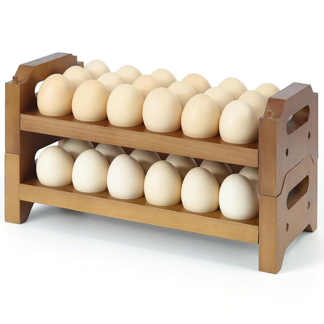 Uibyriy 2-Tier Wooden Egg Holder for 36 Eggs, Wooden Egg Holder Countertop with Carry Handle for Chicken, Duck, and Quail Eggs (Stackable)