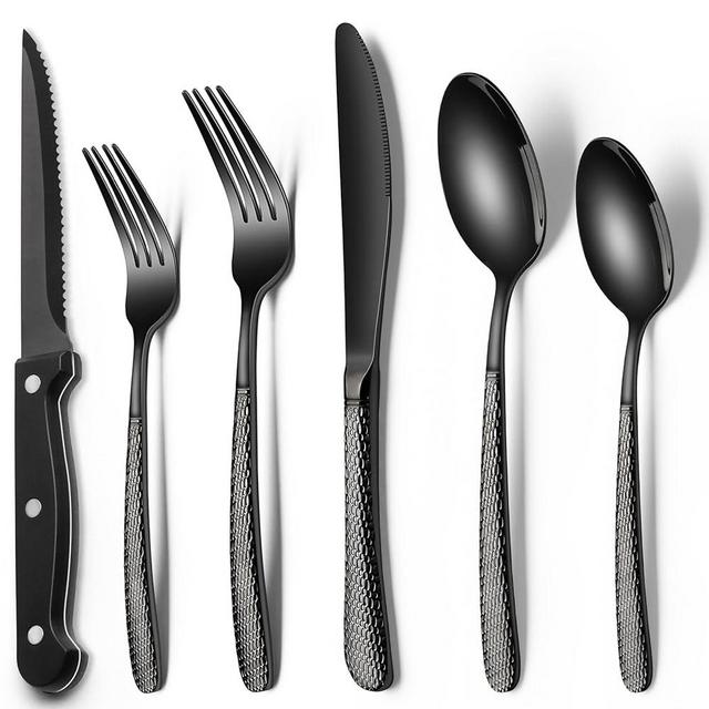 Black Hammered Silverware Set with Steak Knives, 24-Piece Stainless Steel Heavy Duty Flatware Set for 4, Food-Grade Tableware Cutlery Set, Utensil Sets for Home Restaurant, Mirror Finish