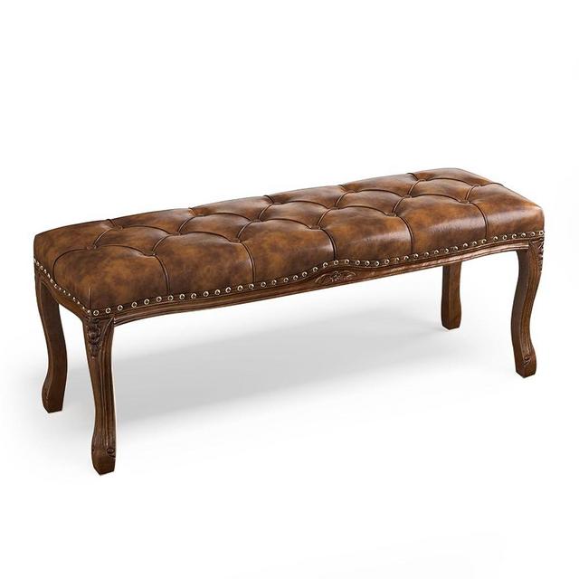 Cozyman Bedroom Bench, French Vintage Tufted Leather Bench, 45.2'' Carving Upholstered End of Bed Bench with Distressed Wood Legs, Faux Leather Ottoman Bench for Living Room, Dining Room, Brown