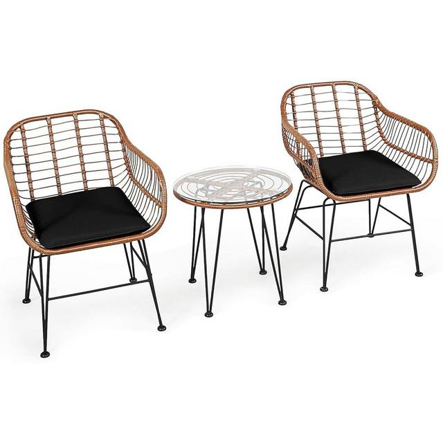 DORTALA 3 Piece Patio Bistro Set, Outdoor Wicker Furniture with Round Tempered Glass Top Table & 2 Rattan Armchairs, Cushions, Conversation Set for Porch, Backyard, Garden, Black