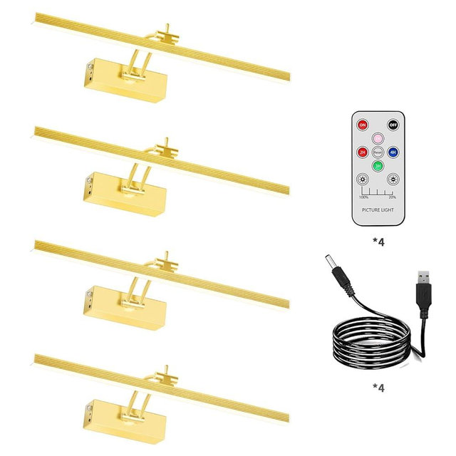 4 Pack Battery Picture Lights, 5200mAh Rechargeable Picture Lights with Remote Timer & Dimmable, CRI95+ 16" Adjustable Art Light for Paintings Display, Frame, Gallery, Wall Art Accent Light, Gold