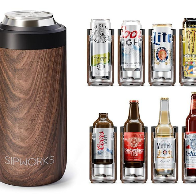 Sipworks Universal Can Cooler - Fits All - Insulated Slim Can Cooler for 12 oz Regular or Slim Cans & Bottles - Double-Walled Stainless Steel Skinny Can Koozie, Mahogany