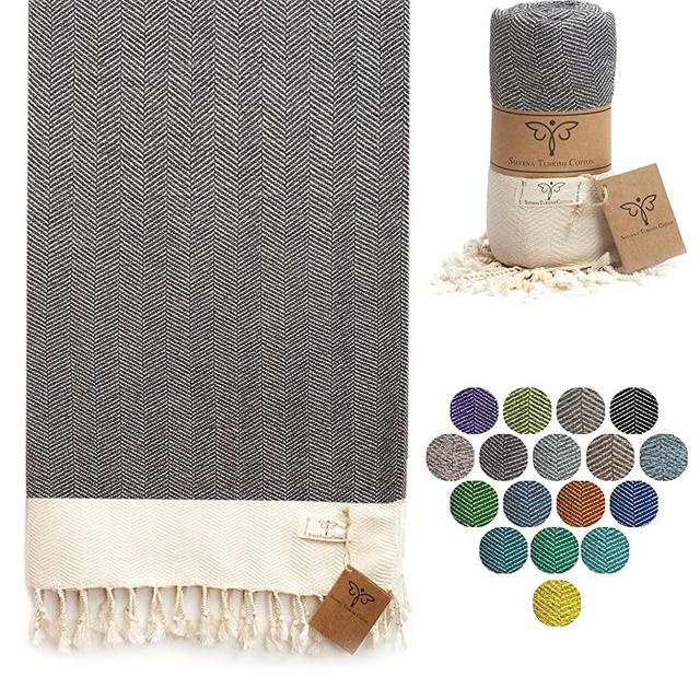 Smyrna Herringbone Series Original Turkish Beach Towel | 100% Cotton, Prewashed, 37 x 71 Inches | Peshtemal and Turkish Bath Towel for SPA, Beach, Pool, Gym and Bathroom (Dark Gray)