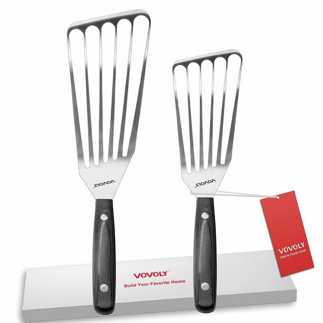 2 Pack Fish Spatula Turner, Stainless Steel Slotted Spatulas for Flipping, Turning, Frying & Grilling, 3"x6"+4"x8" Metal Slotted Spatulas, Wooden Full Tang Handle & Curved Blade