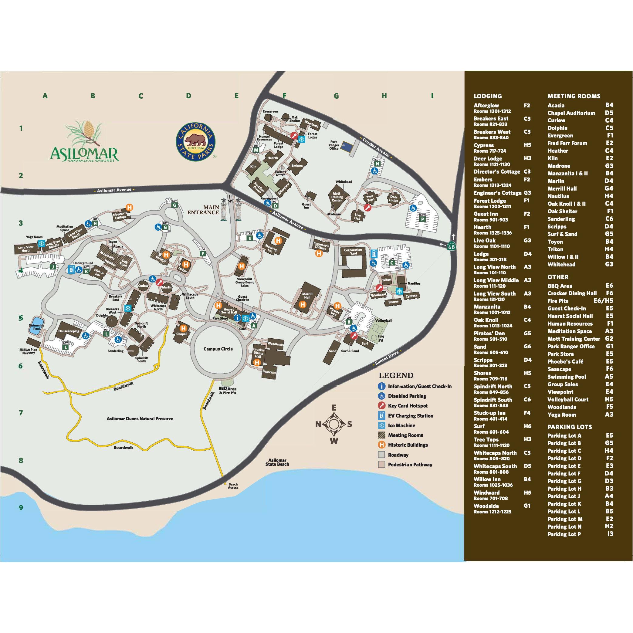 Asilomar Conference Grounds Map at: 
800 Asilomar Ave
Pacific Grove, CA 93950
(Click for a full-sized version!)

Parking is free and there is no park entrance fee.