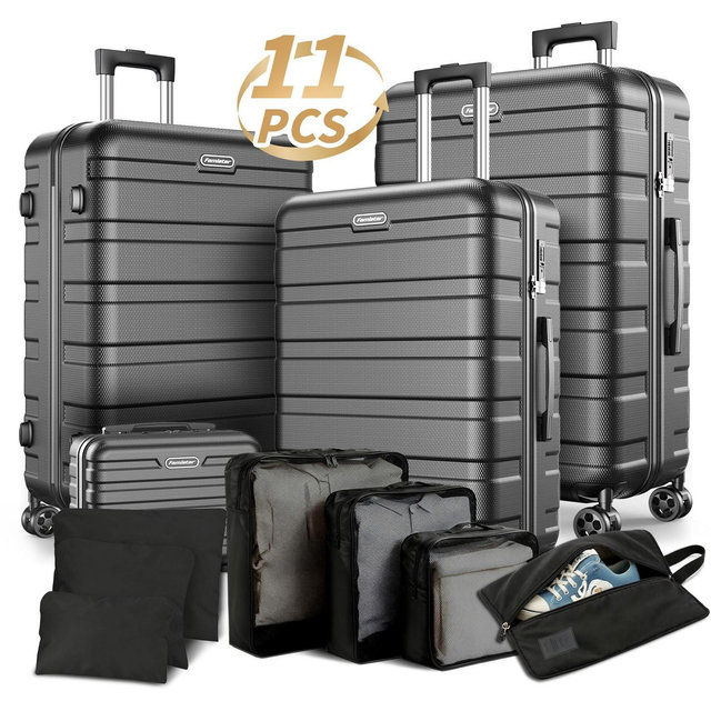 11-Piece Luggage Set: 4 Hardside Spinner Suitcases + 7 Packing Cubes, Durable ABS+PC Lightweight Carry On Travel Set for Family, Black