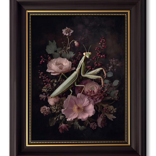 Vbaourut Framed Gothic Praying Mantis Wall Art, Dark Academia Botanical Canvas Painting, Moody Floral Insect Poster with Dark Brown Frame and Upgraded Hook and Loop for Study, 9x11 in
