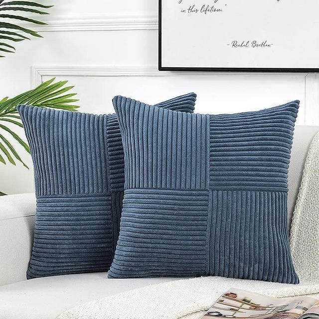 Fancy Homi 2 Packs Dusty Blue Decorative Throw Pillow Covers 18x18 Inch for Living Room Couch Bed, Farmhouse Boho Home Decor, Soft Corss Corduroy Patchwork Textured Square Cushion Case 45x45cm