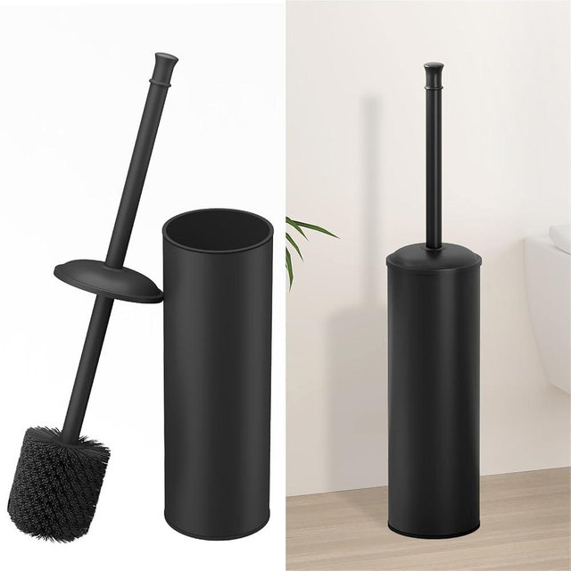 BESy Toilet Brush and Holder, Toilet Cleaner Bowl Set with Two Brush with Extra Long Handle, Durable Bristles Toilet Scrubber and Covered Holder, Drip-Proof Stainless Steel Matte Black