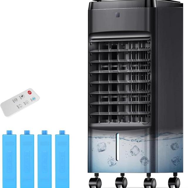 NOMEY Evaporative Air Cooler, 3-IN-1 Air Conditioner Portable for Room w/ 4 Modes & 3 Speed, 12H Timer, 1 Gal Detachable Water Tank, 4 Ice Packs, Remote, 70° Oscillation Air Cooler for Bedroom Indoor