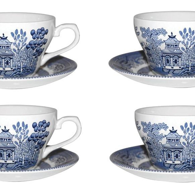 Churchill Blue Wollow 4 Teacup and 4 Saucer Set, Made in England