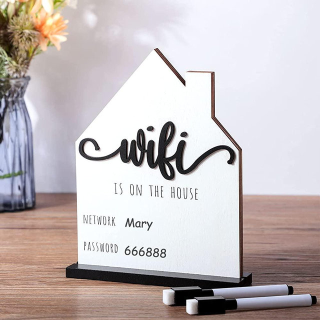 WiFi Password Sign for Home Wooden Table WiFi Sign Wooden WiFi Sign with Board Erasable Pen Chalkboard Table Centerpieces Decoration for Home Business and Guests (White)
