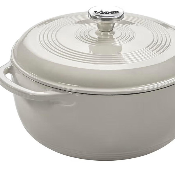 Lodge 6 quart Essential Enamel Cast Iron Dutch Oven - Perfect for Bread Baking, Braising, Marinating & Slow Cooking - Features Moisture-Sealing Lid & Dual Handles - Kitchen Essentials - Oyster White