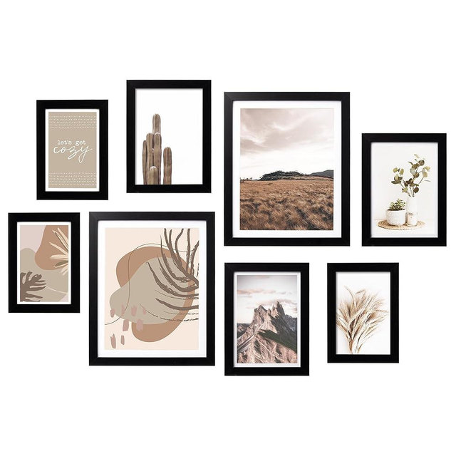 ArtbyHannah Gallery Wall Frame Set,Black Picture Frames Collage Wall Decor with Neutural Art for Living Room Stariway,8 Pack Assorted Size 8"x10",5"x7",4"x6", Small