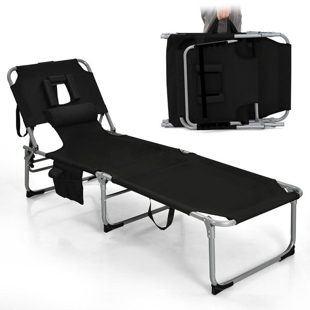 Goplus Tanning Chair, Folding Adjustable Patio Lounge Chair with Face Hole, Removable Pillow, 330LBS, Carry Strap, Outdoor Sunbathing Chair, Lightweight Portable Beach Lounge Chair, No Assembly