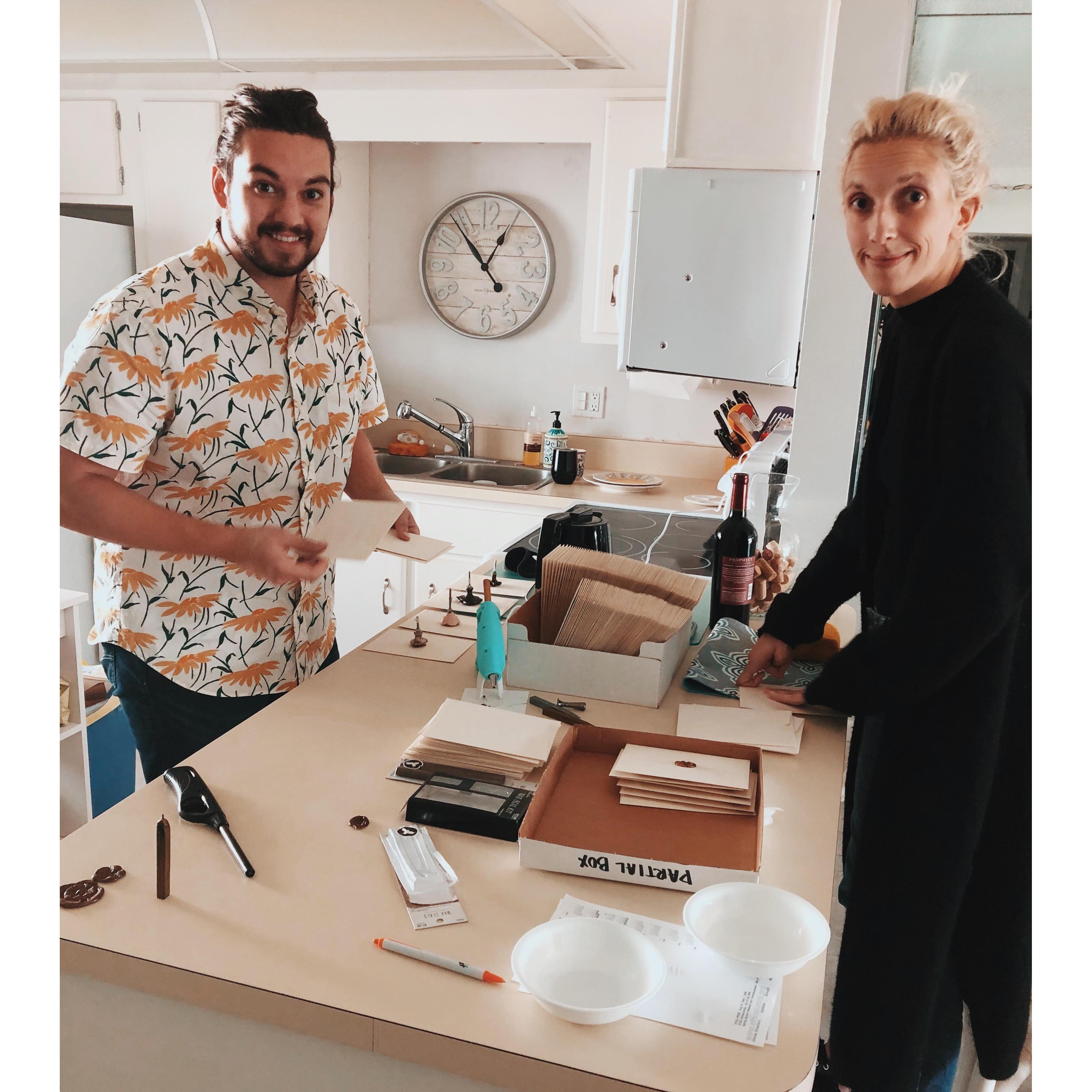 Chan and Alli are excitedly stuffing envelopes to invite all their friends to their virtual wedding.