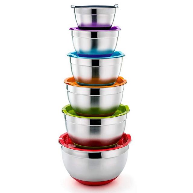 P&P CHEF Mixing Bowls With Lids, Set of 6 (12 Piece), Stainless Steel Nesting Mixing Bowls & Tight Fitting Lids & Non-Slip Silicone Bottom, 6 Multi Size (1/1.5/2.5/3/4/5qt)