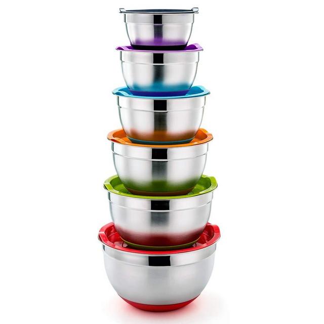 P&P CHEF Mixing Bowls With Lids, Set of 6 (12 Piece), Stainless Steel Nesting Mixing Bowls & Tight Fitting Lids & Non-Slip Silicone Bottom, 6 Multi Size (1/1.5/2.5/3/4/5qt)