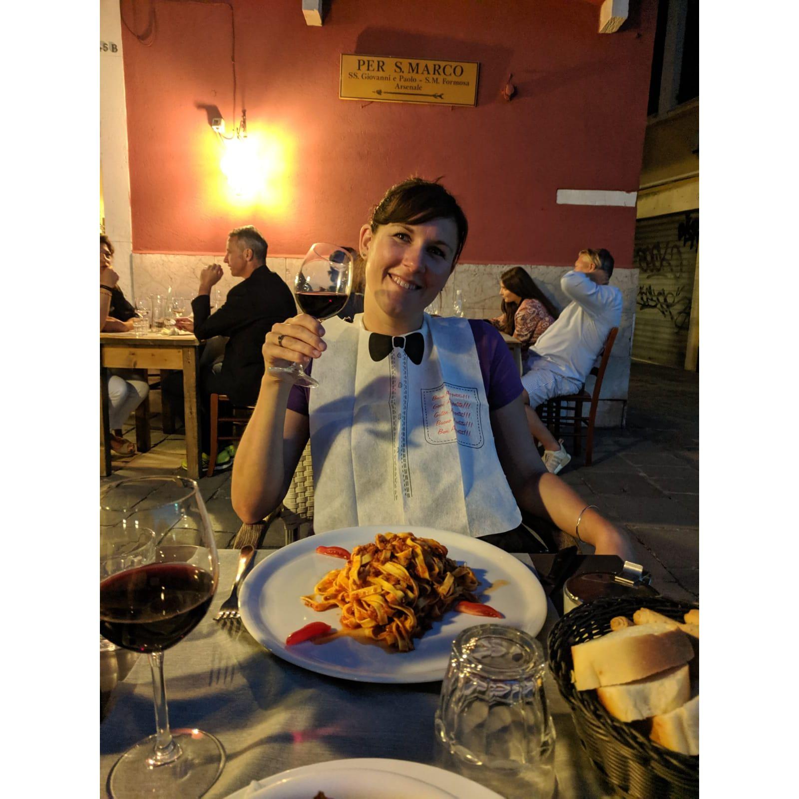 Our first night in Venice, The waiter must have sensed something, Angela was the only one to receive the bib. July 2019.