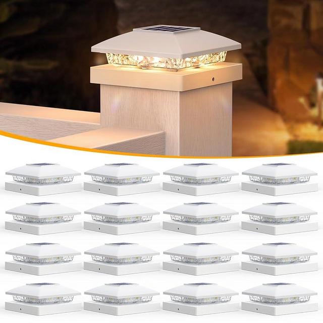 APONUO 4x4 Solar Post Cap Lights, 15LM Warm White LED, Dusk to Dawn, IP65 Waterproof, Sturdy Outdoor Lighting Decor for Garden, Patio, Deck & Fence, Fits 4x4 Wood & Vinyl Posts, White, 16 Pack
