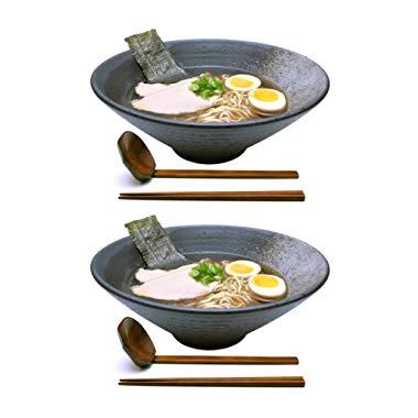 2 sets (6 piece) 57 oz Large Ceramic Japanese Ramen Noodle Soup Bowl Dishware Set with Matching Spoon and Chopsticks for Udon Soba Pho Asian Noodles