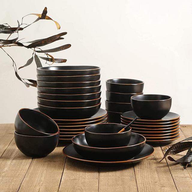 Stone + Lain Brasa Stoneware 32-Piece Round Dinnerware Set with Pasta Bowls, Black