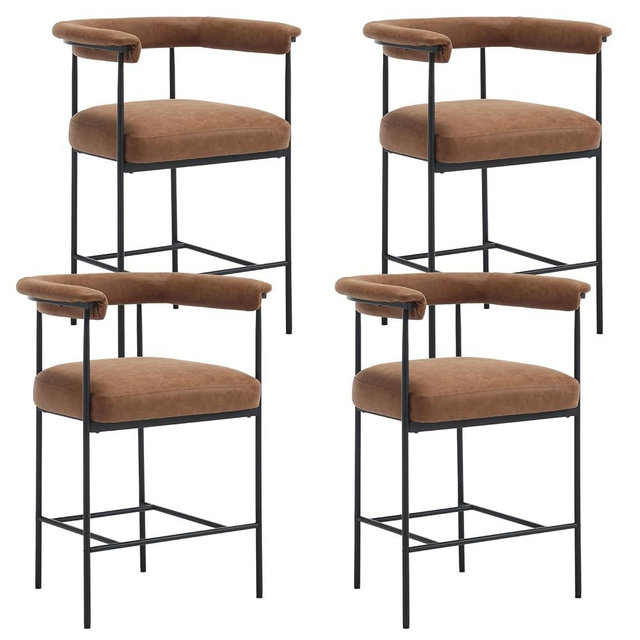 DUOMAY Modern Barrel Bar Stools Set of 4, 26" Counter Height Stools with Arms, Faux Leather Upholstered Barstools Kitchen Island Stools with Black Metal Frame for Kitchen Home Bar Office, Brown