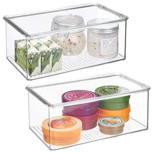 mDesign Bathroom Plastic Stackable Storage Box Container, Hinged Lid - Cabinet, Vanity Organizer for Toiletries, Makeup, First Aid, Hair Accessories, Bar Soap, Loofahs, Bath Salts - 2 Pack - Clear