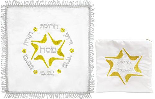 The Dreidel Company Matzah Cover and Afikoman Bag Set, White Satin, Silver and Gold Embroidery Matzo Set