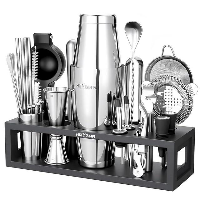 HMYBAR® Mixology Bartender kit | Cocktail Shaker Set | Boston Shaker Set, 20/28 OZ | Martini Making Set for Home Bar. Total 31 pcs incl 39-Recipe Cocktail Cards. Silver Tools. Bamb Stand Black Color