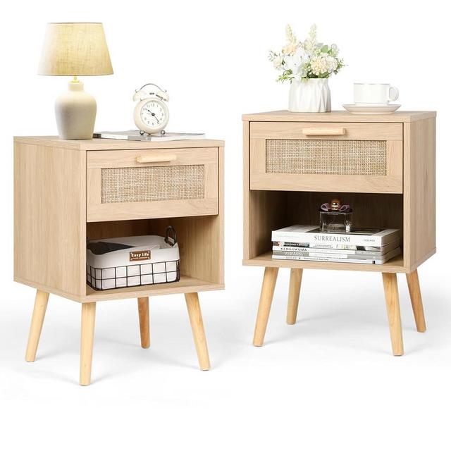 VOWNER Rattan Nightstand, Night Stands with Hand Made Rattan Decorated Drawer, End Table, Side Table Wood Accent Table with Storage for Bedroom (2)