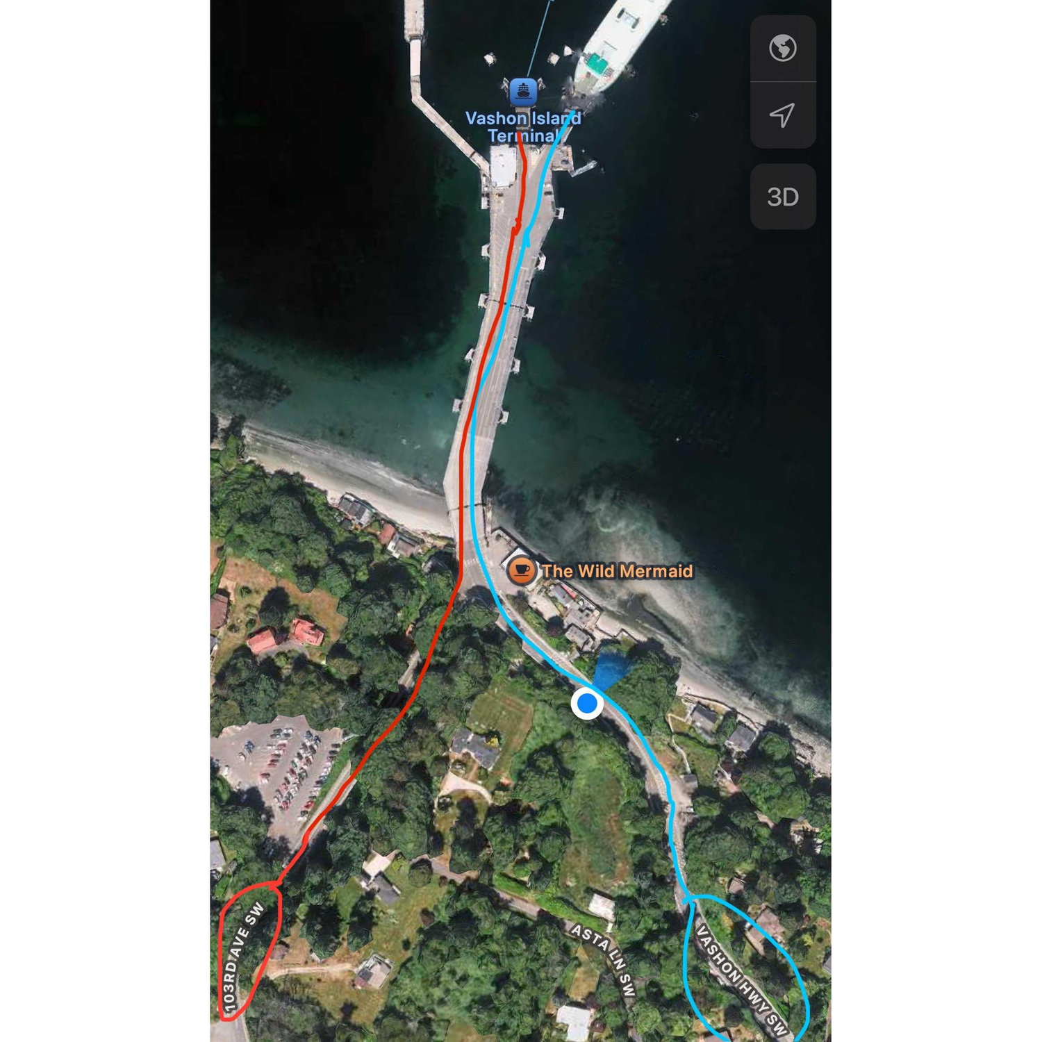 Leaving Vashon Island: Follow the blue-lined street route to get from the Vashon Island to Faunterloy Terminal. If you take the red-lined street route it will take you to a Southworth Terminal.