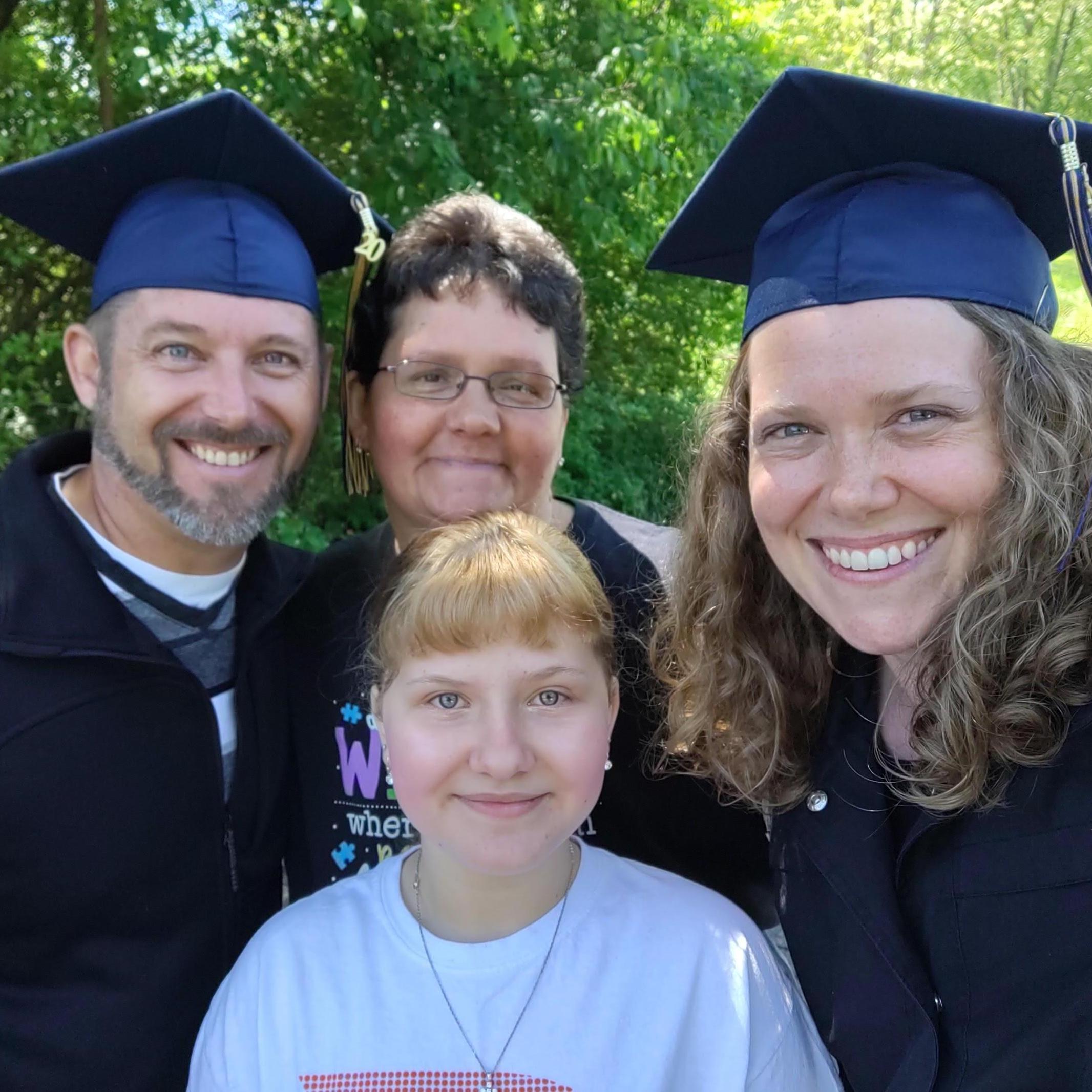 May 2020 - celebrating our graduation with Paul's sister Tammy and niece Tori.