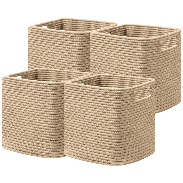 UBBCARE Set of 4 Storage Basket-13 X 13 X 13 In, Cotton Rope Basket for Shelves, Toys, Book, Cube Storage Bins with Handles, Woven Storage Basket for Organizing, Brown