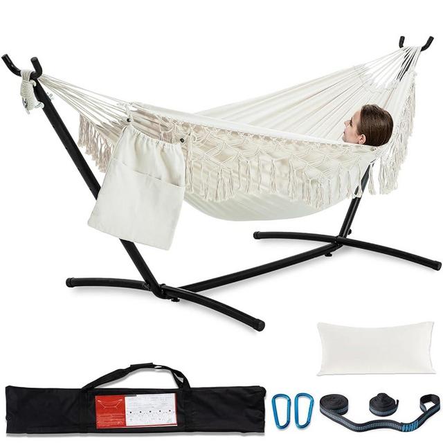 PNAEUT Handmade Tassel Hammocks, Double Hammock with Stand for Outside, Max 450 lbs Capacity, Tree Straps & Carabiners & Pillow & Storage Bag and Portable Carrying Bag Included (Beige)