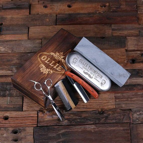 Straight Razor Blade, Wood Comb, Scissors & Sharpening Stones