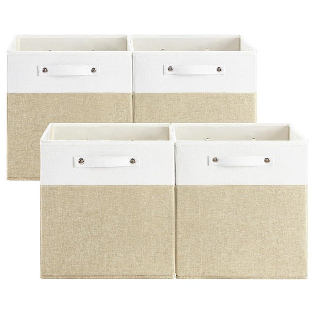 FinishingBo 13 x 13 Inch Fine Linen Storage Bins with Handles，Fabric Cube Boxs，Basket Organizers for Shelves for Home, Closet Drawers (White/Khaki-4 Pack)