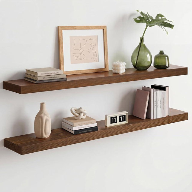 Homeforia Classic Walnut 36 inch Floating Shelf, High End Solid Real Wood Small 36inch Floating Shelves for Wall Mounted, 36in Floating Shelves, Heavy Duty Bracket, 36 X 6.5 X 1.75 inches, Set of 2